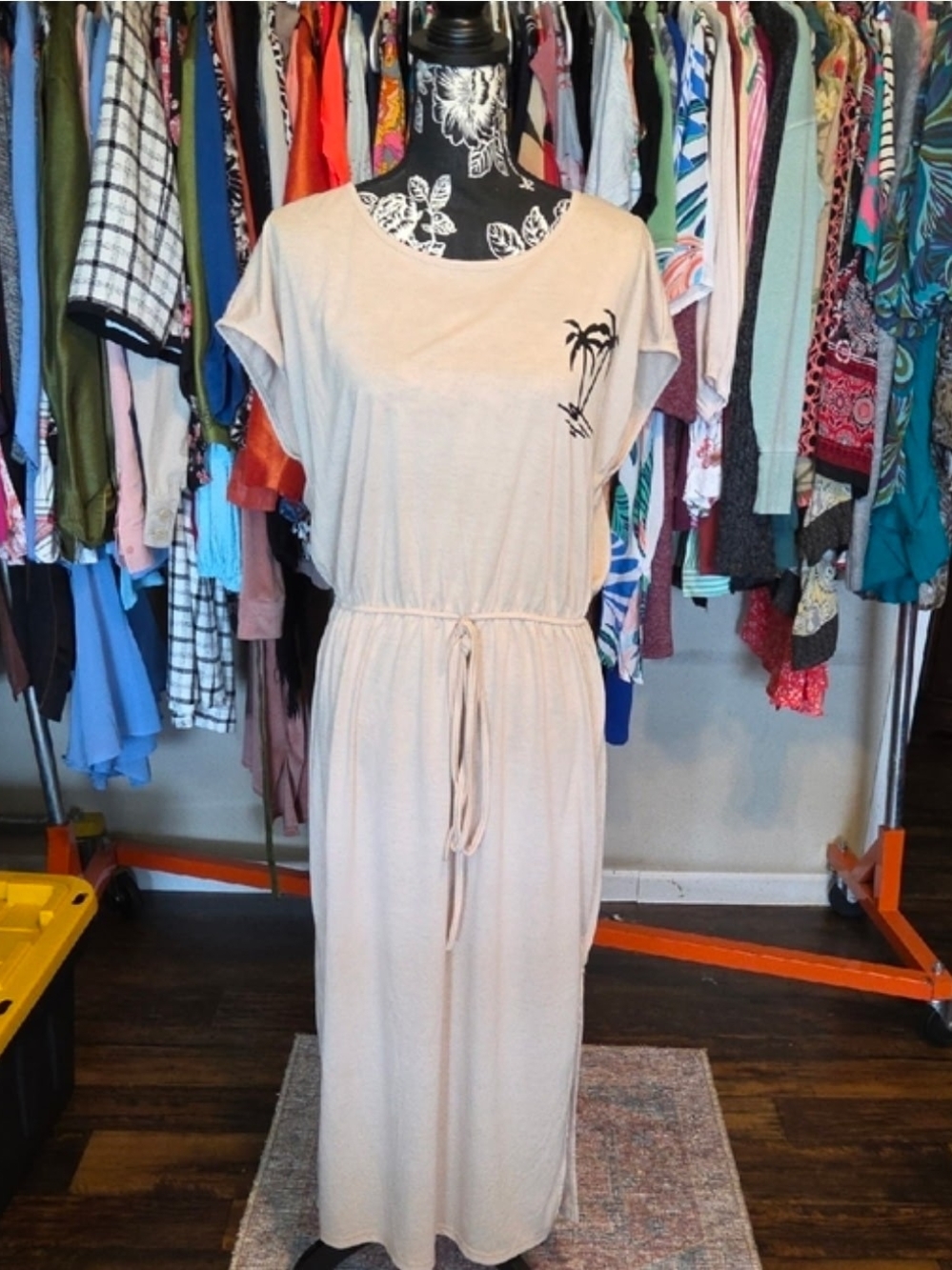 Source Unknown Cream Drawstring Maxi Dress with Palm Motif